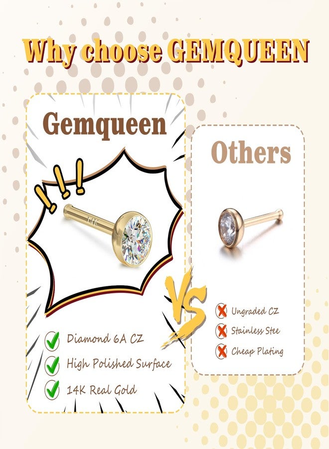 GEMQUEEN 14K Gold Nose Rings Studs : Solid Gold 18G Straight Nose Rings Simulated Diamond CZ Nose Studs Hypoallergenic Nose Piercings for Women Men 3mm - Image 4